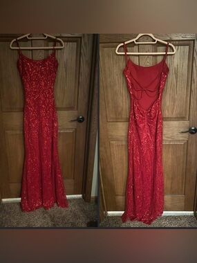 Elegant Red Sequin Prom Gown with Strappy Open Back